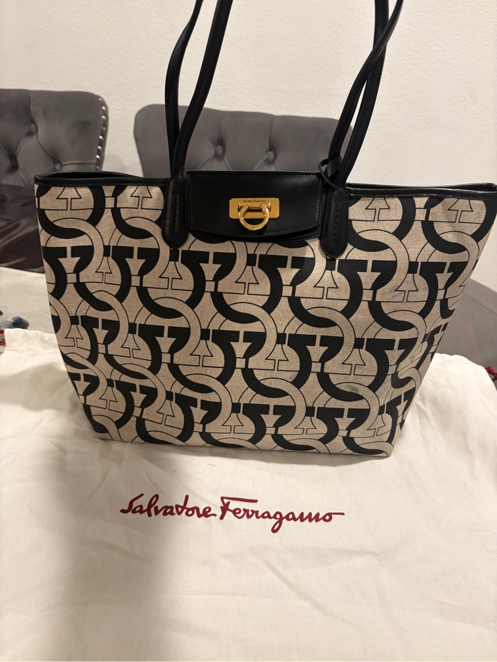 Salvatore Ferragamo Black & Cream Gancini Logo Tote with Gold Hardware